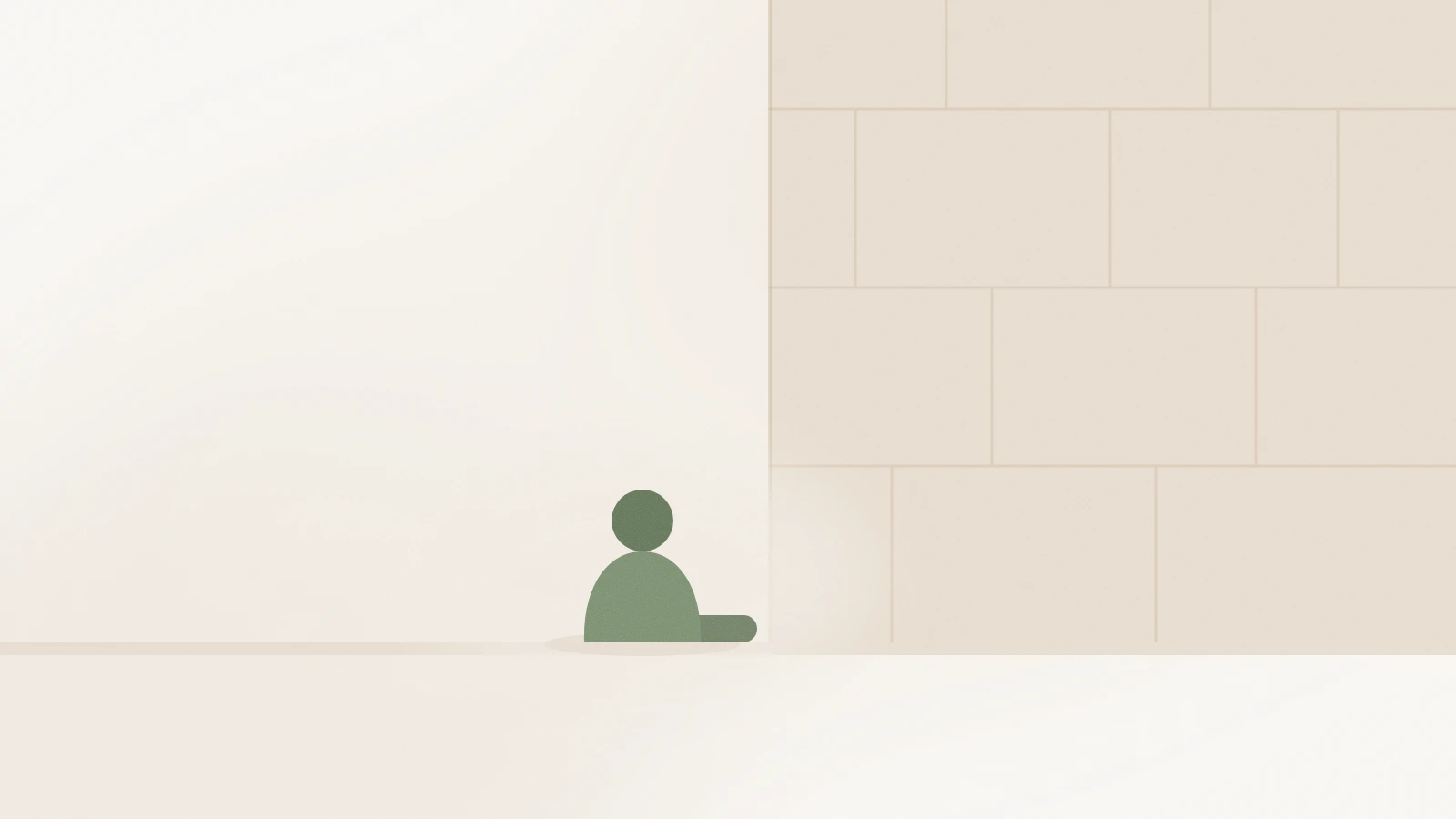 Gentle abstract illustration of a person pausing at the foot of a large wall, calm and non-judgemental.